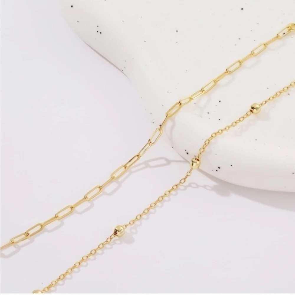 Gold 14k Gold Plated 2pc PaperClip Beaded Bracelet Set
